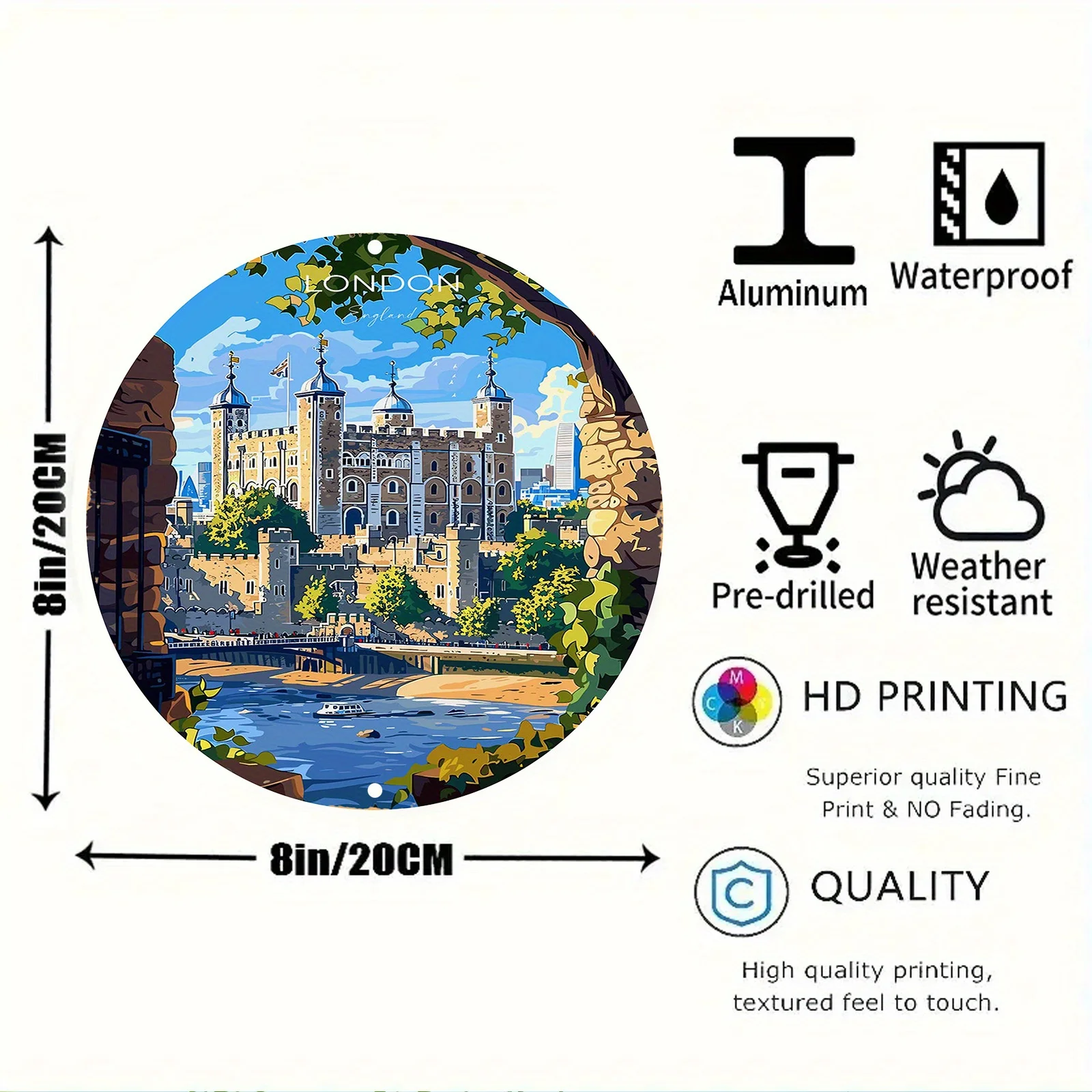 1pc Vintage London Tower Bridge Round Metal Sign - Aluminum Art Decor with 2D Carved Painted Design for Home & Garden - Scratch,