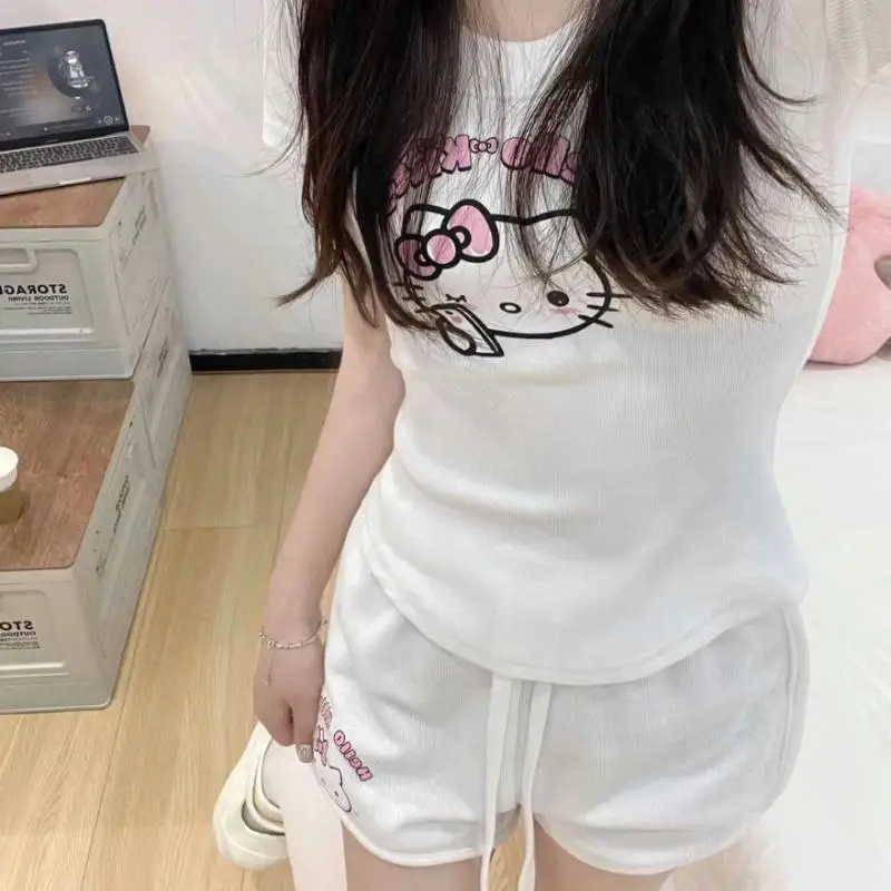 Cute Summer Woman Kt Cat Printing Short Sleeves Shorts Suit Anime Catoon Slim Fit Versatile Sweet T-Shirt Pants Sportswear Gift