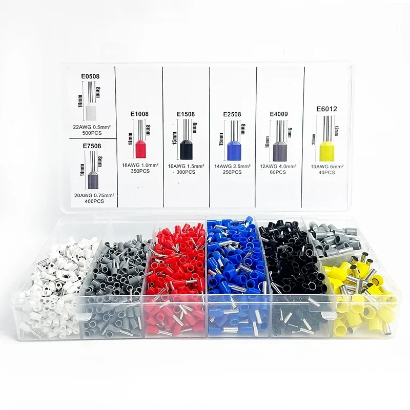Boxed 200/450/800/1250/1800/1900 Stück langlebige Ring-Crimp-Anschlüsse für elektrische Drähte und Kabel |   E0508/E7508/E1008/E1508