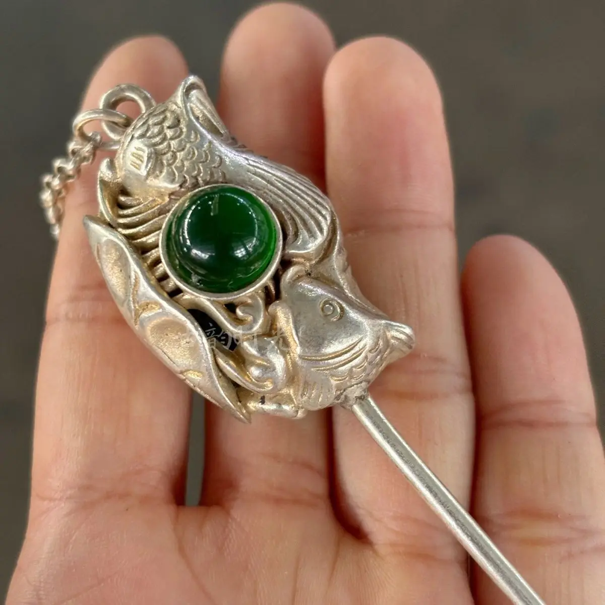 Vintage Chinese Auspicious Koi Fish Miao Silver Hair Stick Inlaid Green Agate Tassel Bell Lucky Blessing Fortune Hanfu Hair Acce