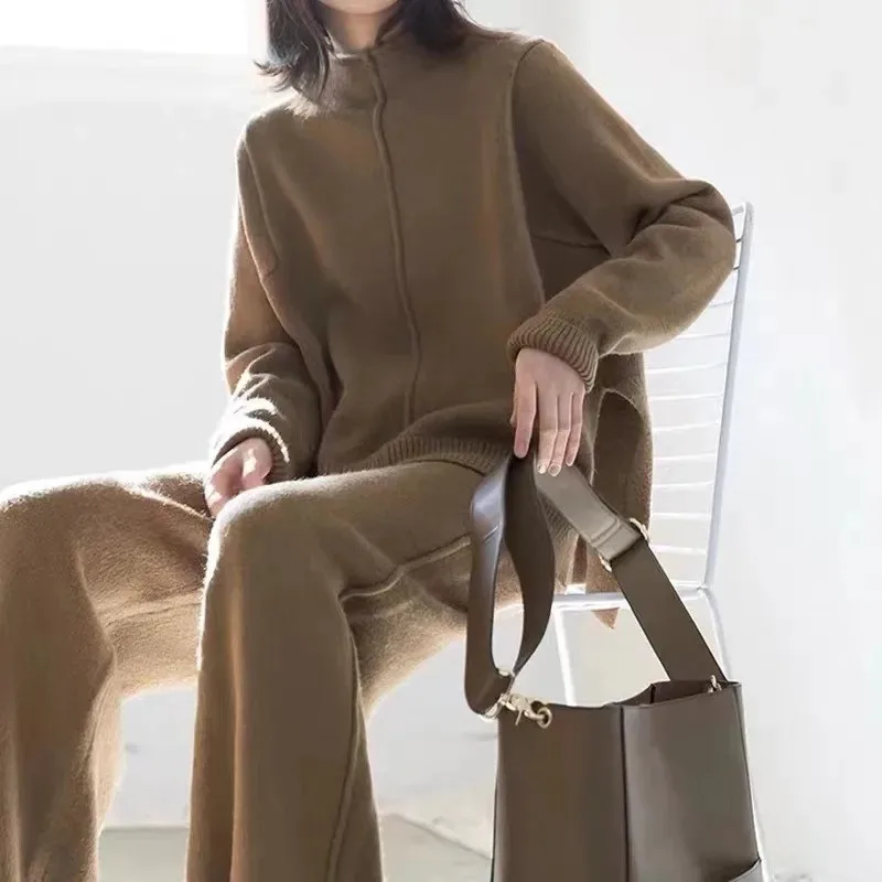 Casual Loose Knitted Set for Winter Women Sets 2024 New Retro SOlid Full Sleeve Split Sweater+Knitted Pants 2-Piece Set