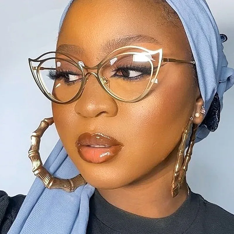 Cat-Eye Hollow Metal Anti-Blue Light Glasses for Women, New Style, Exaggerated Style Eyeglass Frames