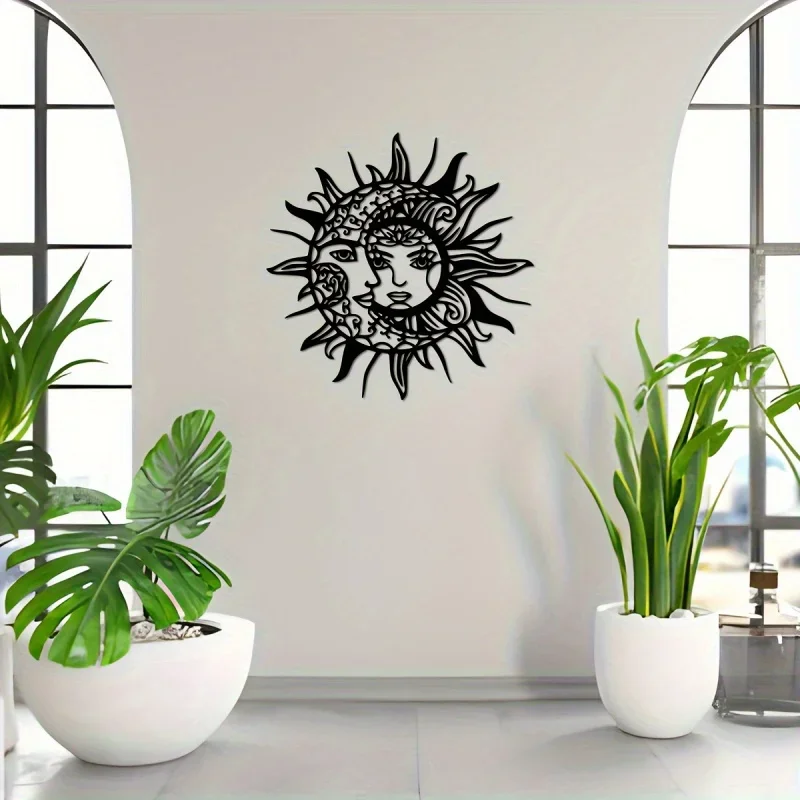 CIFBUY Boho Sun and Moon Face Metal Wall Hanging Celestial Mystical Metal Sign Bohemian Home Garden Wall Art Decoration