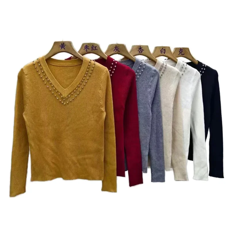 البلوزات الديكور الخامس الرقبة محبوك سترة المرأة البلوفرات جديد أبيض كم طويل متماسكة سترة البلوز النساء بلايز تريكو Q1796 #6