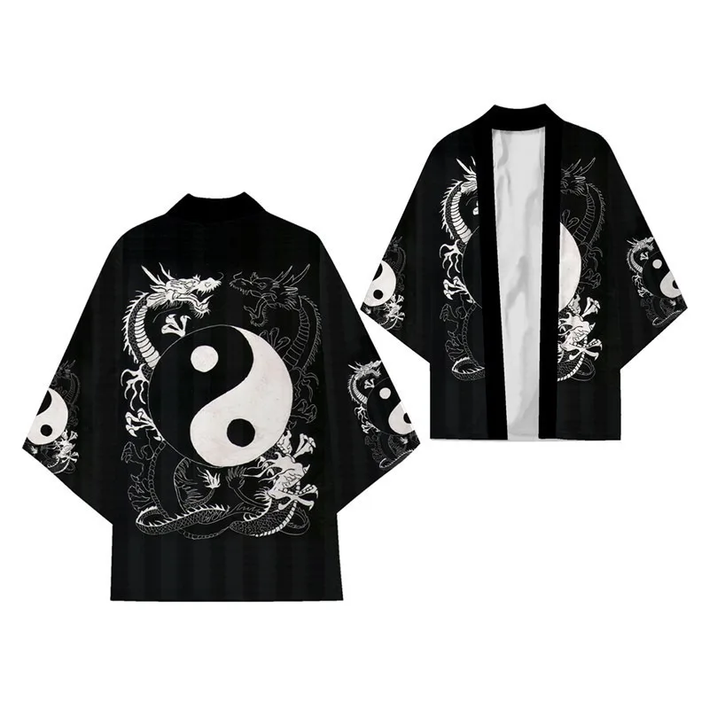 Summer Chinese Wind Dragon Totem Cloak Digital Printed Cardigan Shirt Seven-quarter Sleeve Kimono Robe