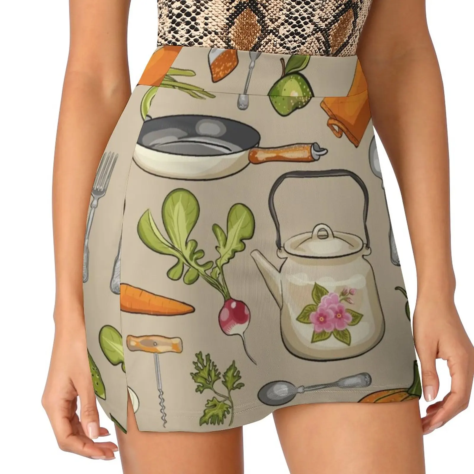 Retro Kitchen. Skirts Woman Fashion 2022 Pant Skirt Mini Skirts Office Short Skirt Tea Cup Saucer Cucumber Radish Squash Garlic