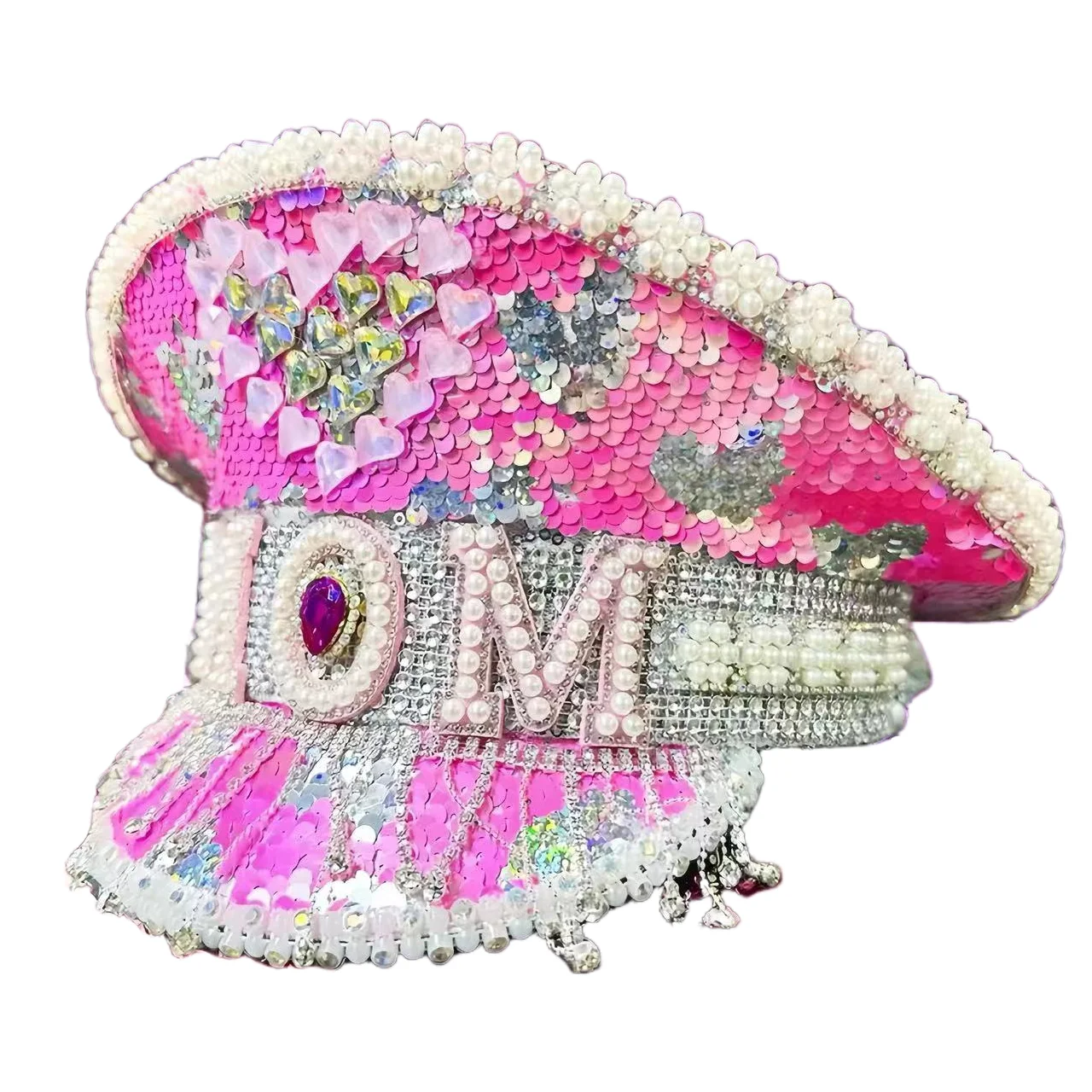 MOM Pearl Festival Captain Hat Rhinestone Sequin Pendant Heart Gift for Mom Bride Unisex Wedding Military Cap Steampunk Cosplay