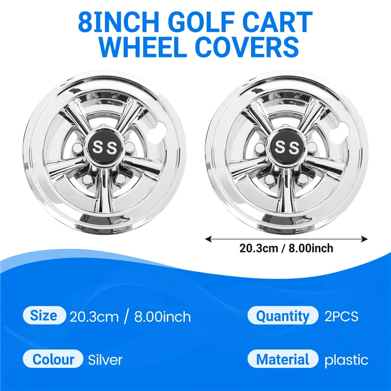 

A82E-2Pcs 8Inch SS Golf Cart Wheel Covers 5 Spoke Design Hub Cap For Golf Carts For Club Car EZGO