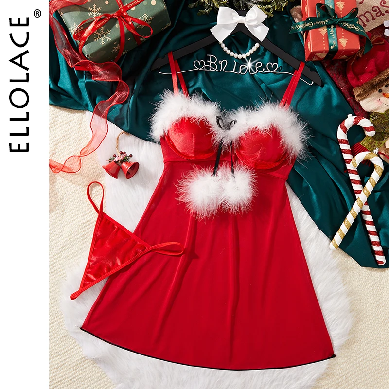 Ellolace Christmas Dress With Thong Feather Hairball With Bow Velvet Mini Dress Festival Outfit Women Nightdress