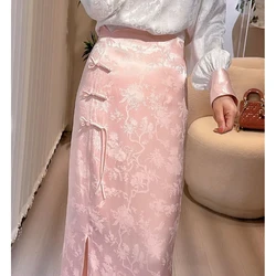 2024 New Spring and Autumn Retro Chinese Style Fashion High Waist Slim Fit Printed Button Women's Hip Hugging Half Length Skirt