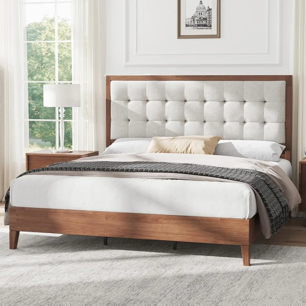 

King Size Solid Wood Bed Frame with Tufted Headboard, Mid-Century Style, No Box Spring Required, Easy Assembly, Walnut