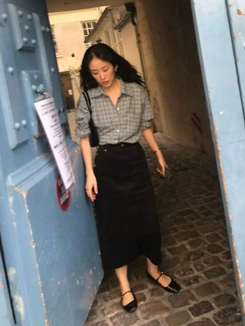 

Miss Candy Dongdaemun Sienne Retro Plaid Long Sve irt + Corduroy f Skirt Women's Faion Straight Cut Summer irt