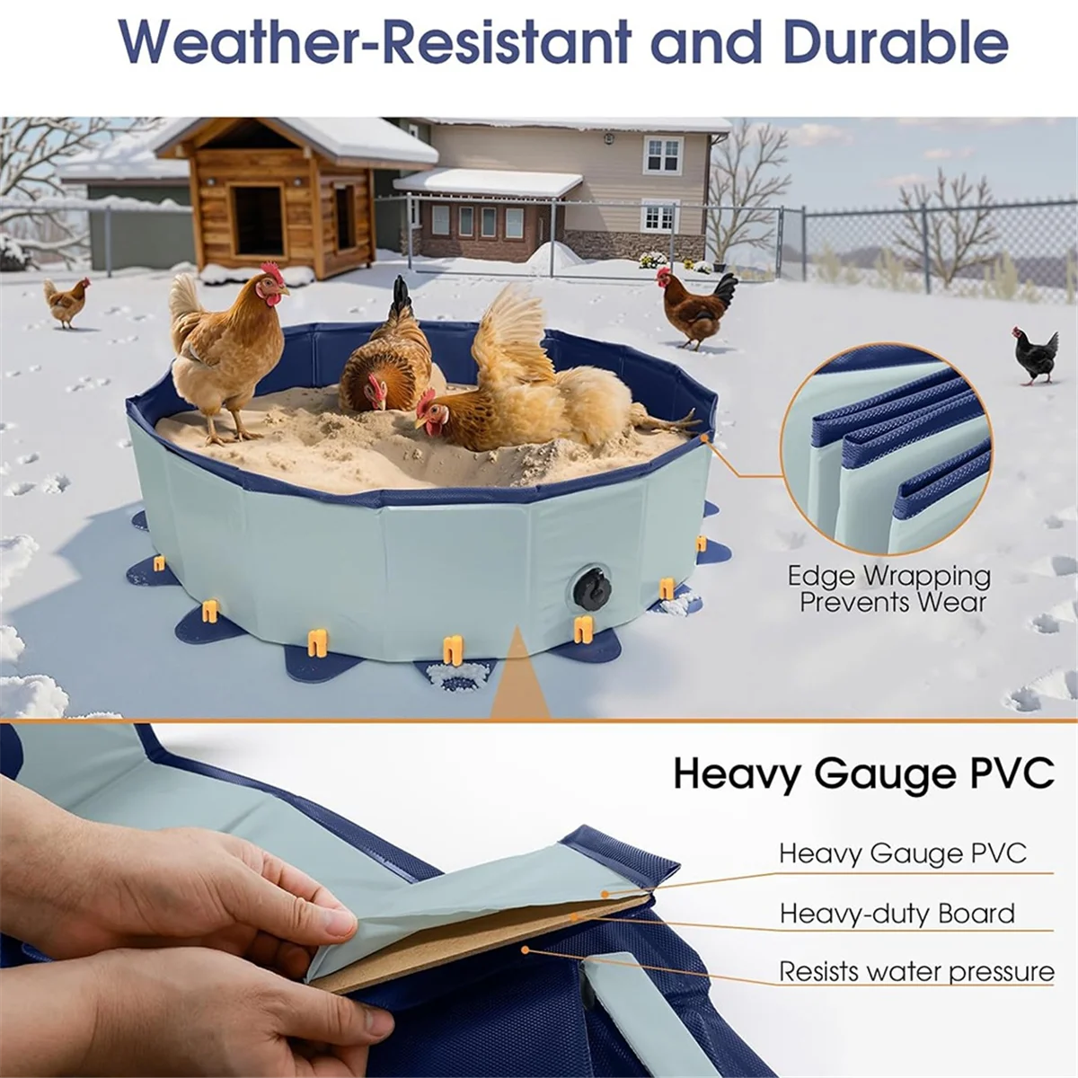 

A59T Chicken Dust Bath Tub, 31.5in D X 7.9in H Chicken Dust Bath Container with 16 Ground Stakes, Foldable Design, Tough PVC