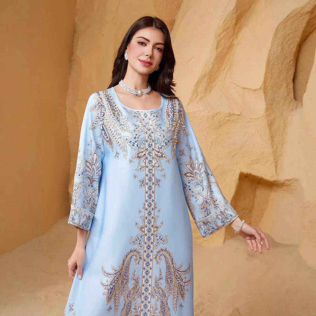

Zd011 Dress Women's Robe Beaded Printed Round Neck Slim Fit Abayas Long Dress Robe Abaya Ramadan Dubai Luxury Islam Elegant