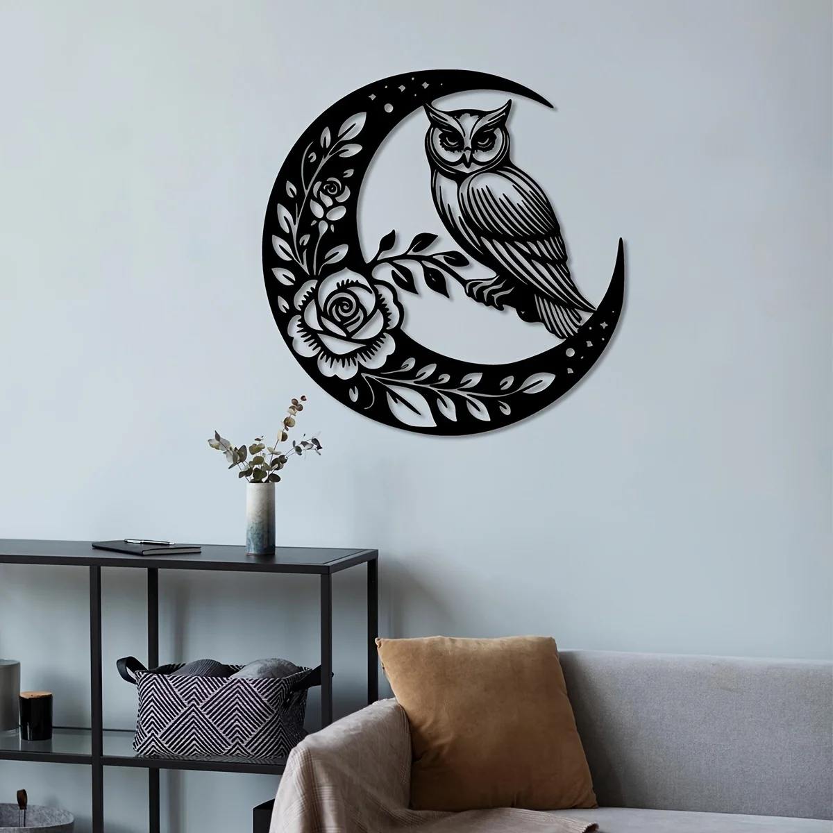 2D Flat Rustic Moon Owl Iron Wall Art 15.7 Inch Metal Sculpture Woodland Home Decor Nature Lovers Gift Ornament