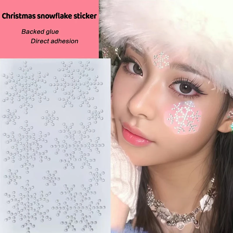 1PC 10*8.5cm Self Adhesive Patch White Snowflake Christmas Makeup Christmas Tree Stickers Rhinestone Eyes Face Temporary Tattoo