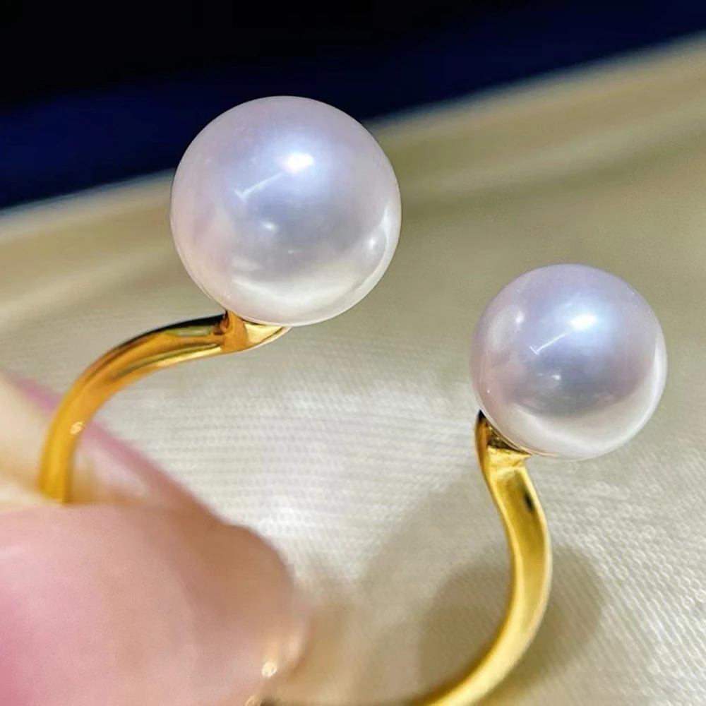 Classic Double Akoya Pearl Beads Open Ring with 6.5-7mm/7.5-8mm Natural Aurora Sakura Pink Akoya Pearls and 18K Gold Material