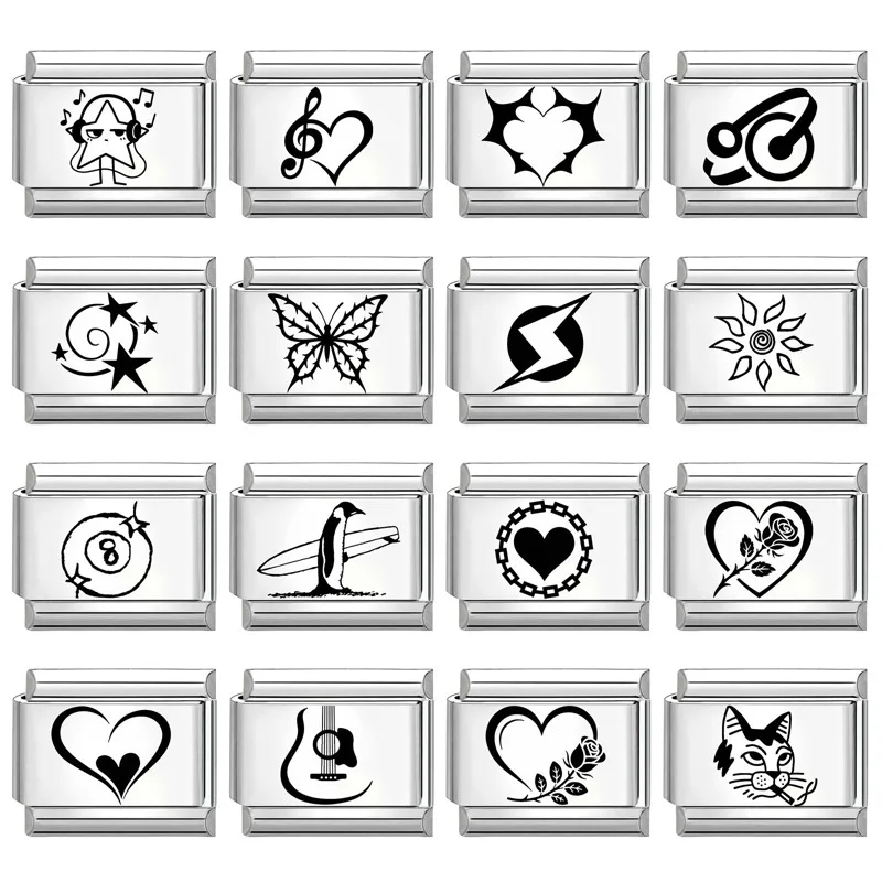 Wholesale Laser Engraving Lightning Heart NO.8 Ball Italian Charm Links Fit 9mm Stainless Steel Bracelet Men Women DIY Making