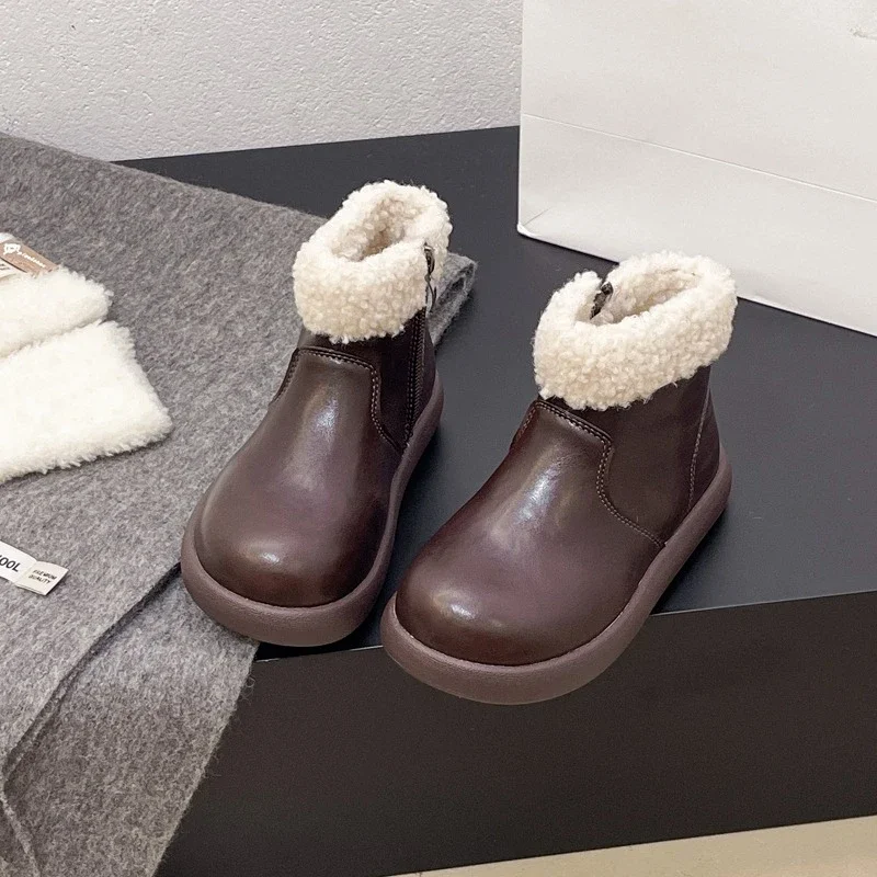 

Зимние детские уличные ботильоны, классические детские модные плюшевые ботинки в стиле ретро, теплые пушистые повседневные школьные хлопковые ботинки для девочек