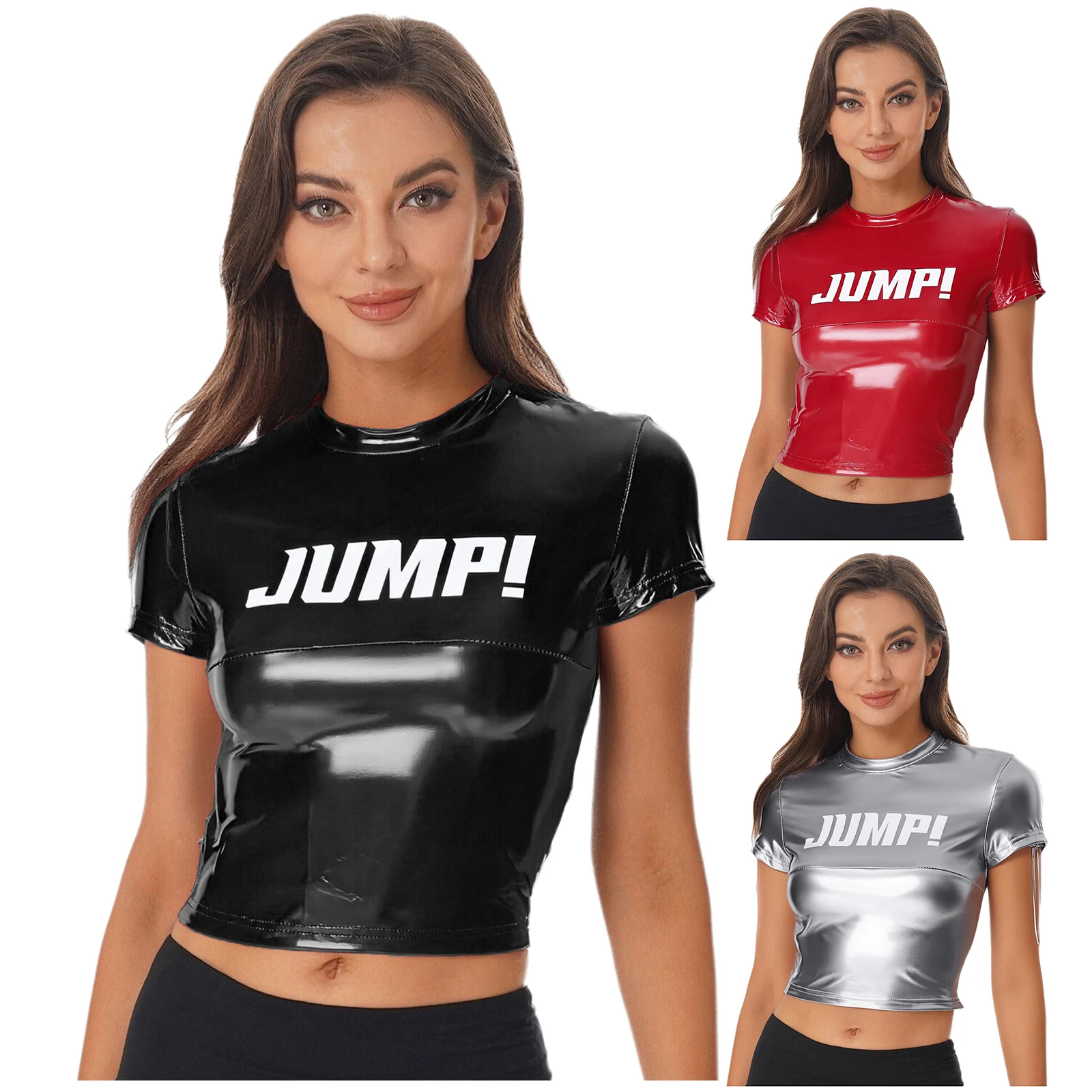 Camiseta feminina com estampa de letras, roupa de balada, manga curta, pulôver, slim, cortada, blusa para jazz, hip hop, dança, casual, uso diário