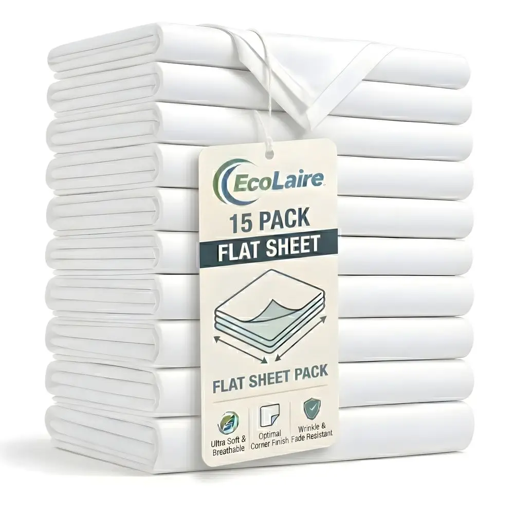 

Queen Flat Bed Sheets 15 Pack 100 x 106 White T300 Cotton Rich Polycotton Bedding, Durable Hotel Quality Bulk Sheets for Home,