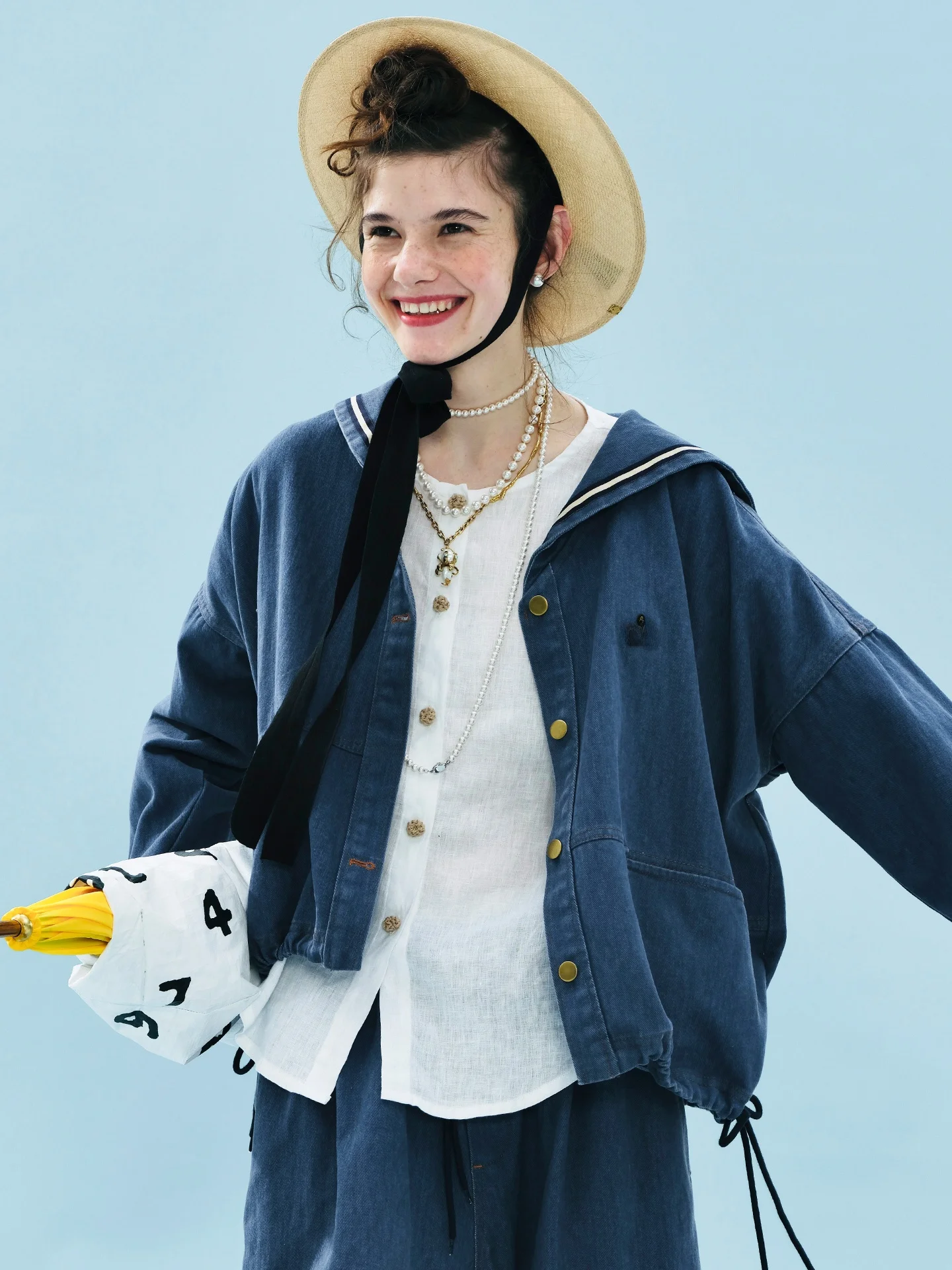 

Casual Cotton Denim Jaet Women's Spring Summer Long Sve Navy Collar Loose Fit Casual Sle Vintage Pattern Button Detail