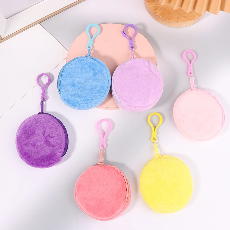 8.5x8.5cm Candy Color Round Plush Coin Purse Women Cute Solid Color Change Pouch Wallet Keychain Portable Earphone Storage Bags