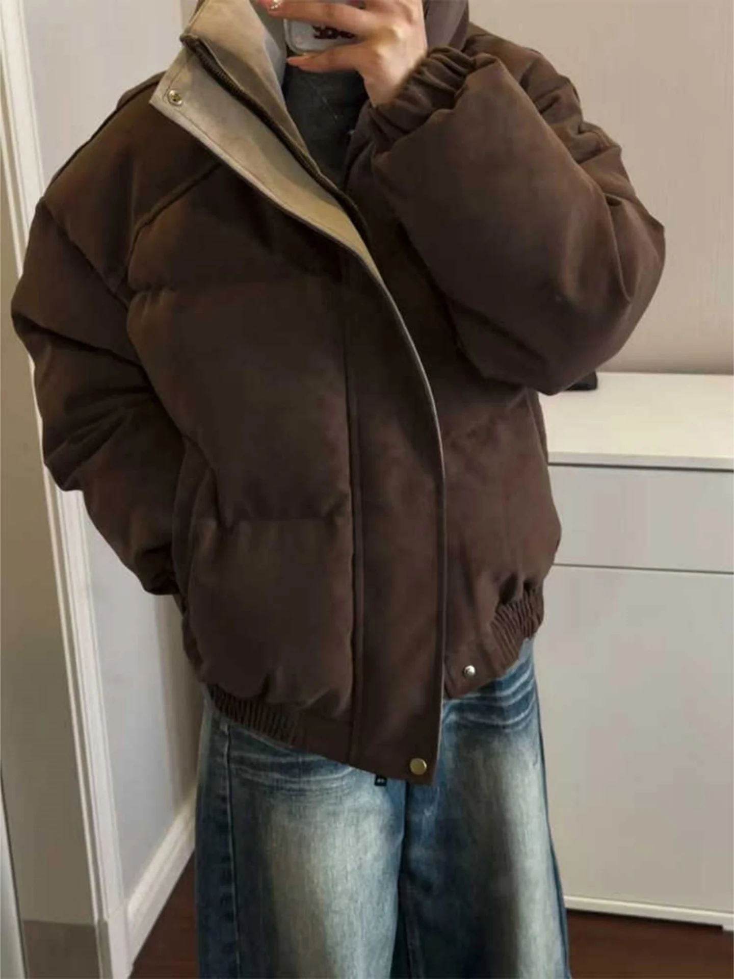 

Men's Thiened Warm Cotton Jaet ort Sle Zipper Closure Bread Sle Dyeing PU Leather Winter Coat Faion Urban Sle