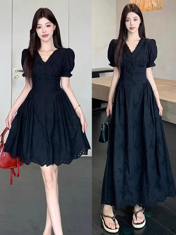 

Black V-neck Midi Dress Women's Summer plus Size Slimming Beautiful Korean Style A-line Skirt Hollow out Lace Short Sleeve