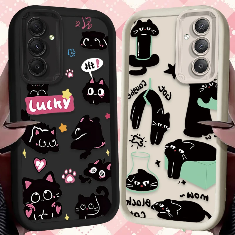 Cute Black Cat Graphic Case for Samsung Galaxy A35 A55 A15 A25 A16 A06 A05 A05S A24 A13 A23 A12 A22 A32 A52 A71 A51 4G Back Etui