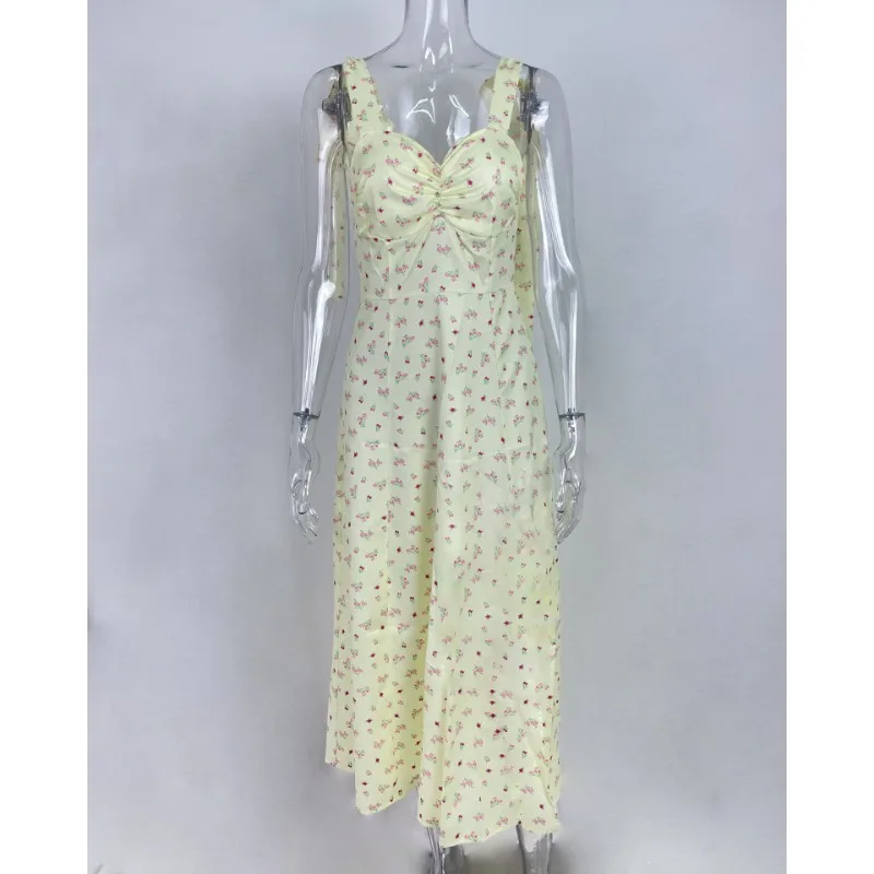 2024 New Women's Fashion Lace Up Floral Printed Backless Split Dress Temperament Commuting Summer Sweet High Waist Women Dresses
