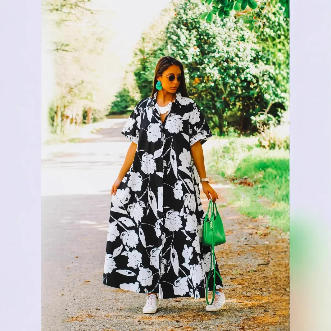 Women's Fashion Holiday Casual Turtleneck Robe Long Floral Printed Loose Dress Ladies Turndown Collar Button Long Casual Dress