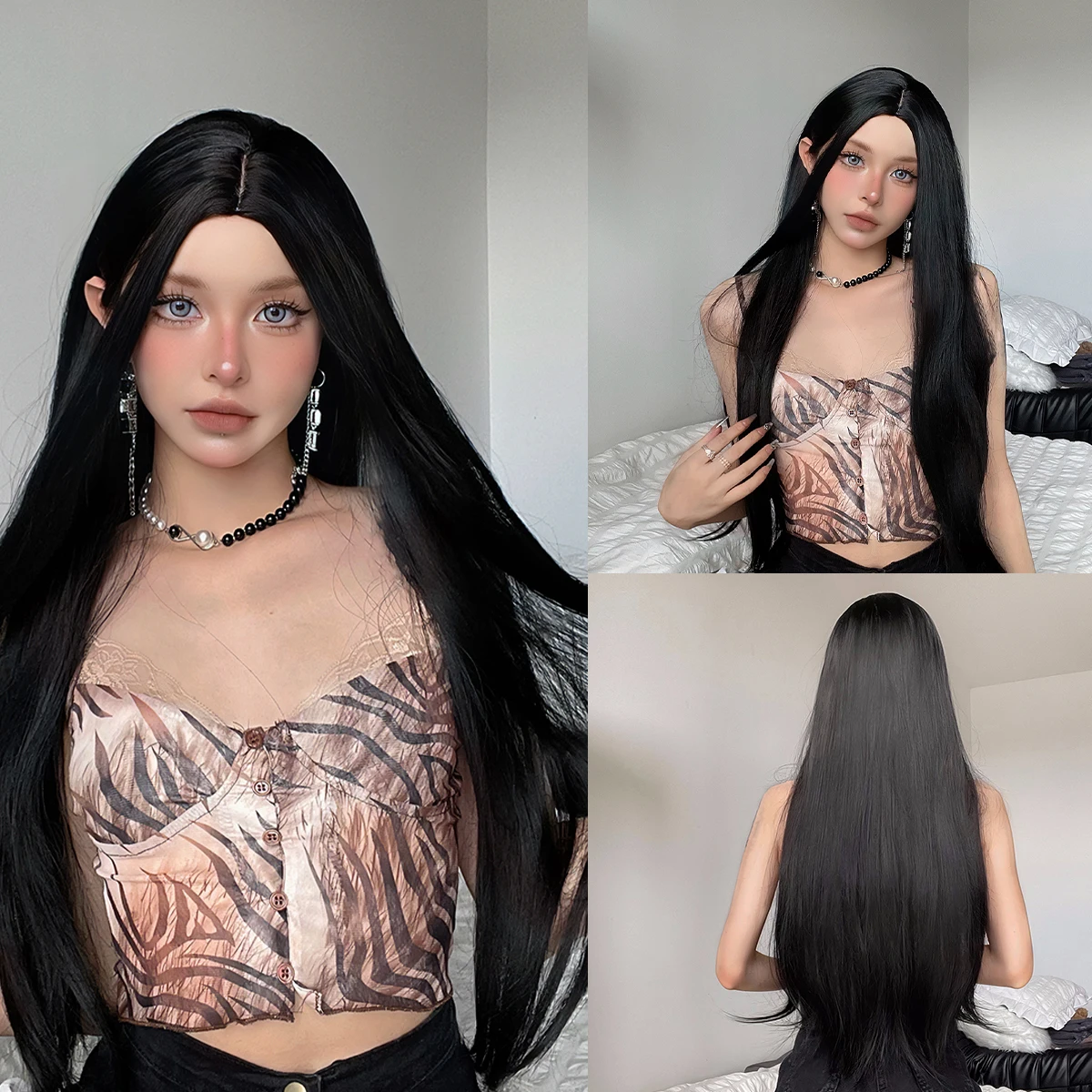 

Black Cosplay Synthetic Wigs for Women Long Straight Middle Part Hair Wig Natural Looking Heat Resistant Fiber Daily Lolita Use