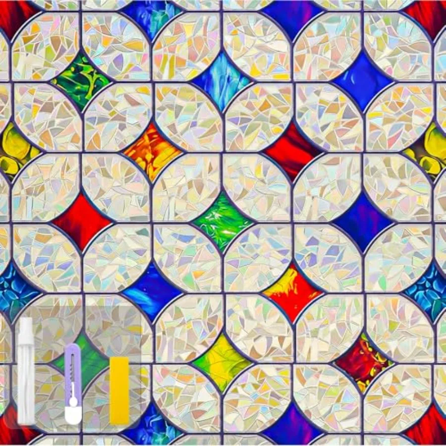 

QHY Sunshe Colorful Rabow Staed Glass Wdow Film Non-Adhesive Wdow Privacy Film Reusable Decorative for Room Rabow
