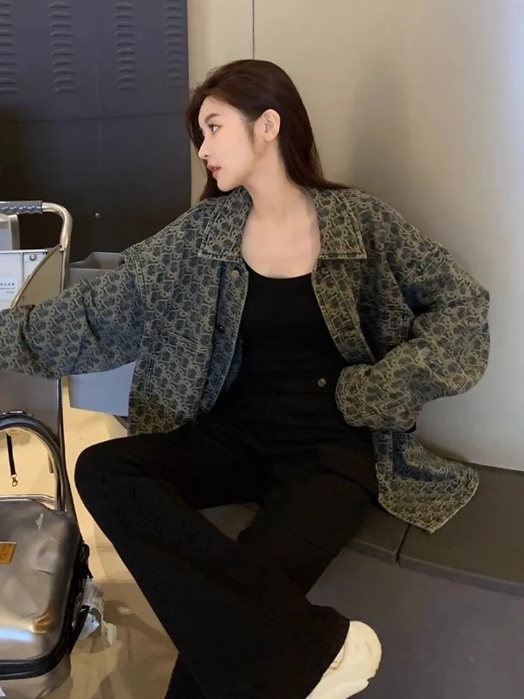 アメリカンハイストリートレトロデニムジャケットレディース新デザイン春秋万能プリントジャケットトップルーズフィットロングスリーブ