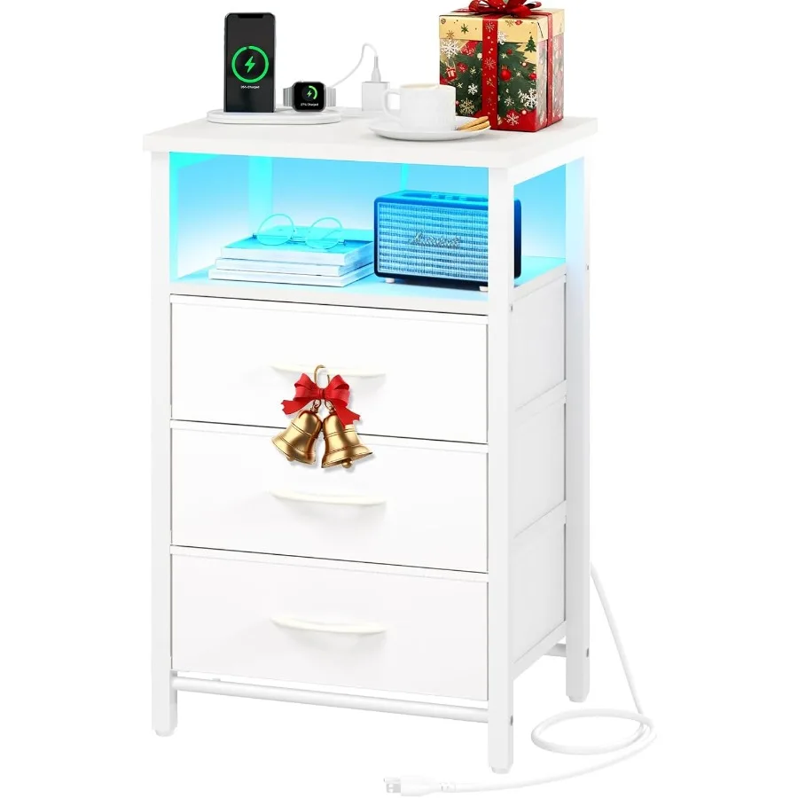 

Прикроватная тумбочка с зарядной станцией, 16-цветная светодиодная тумбочка с USB-портами и розетками, торцевой столик с 3 тканевыми ящиками и Stora