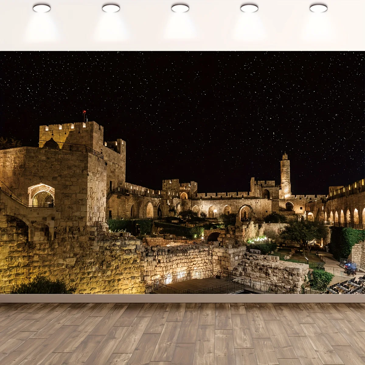 One scene of the night view of the Old City of Jerusalem, with ancient ruins and the courtyard of the Jerusalem Museum