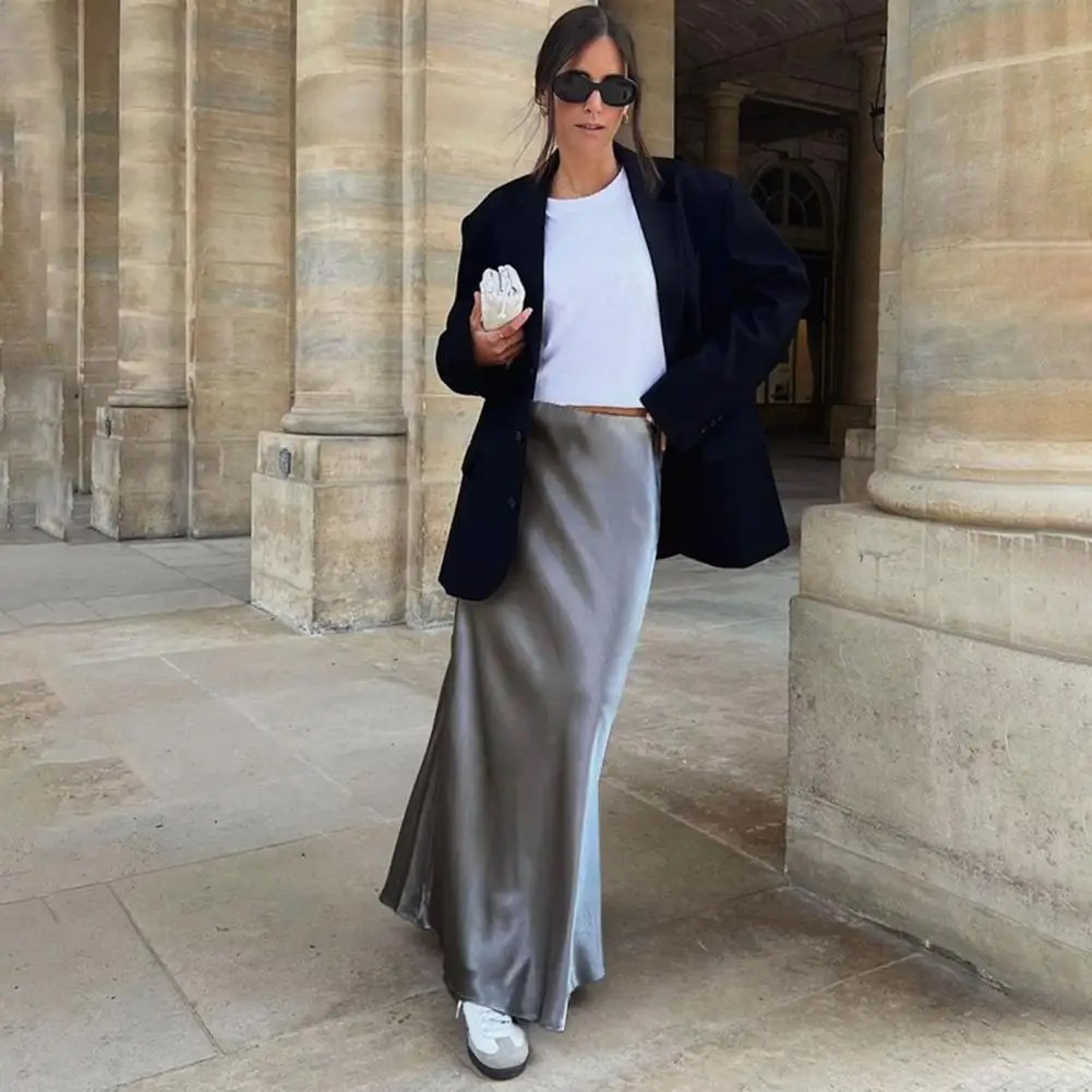 Ademende polyester rok Glanzende satijnen rok Elegante satijnachtige vissenstaartrok voor dames Ontwerp met hoge taille Ademend voor werk