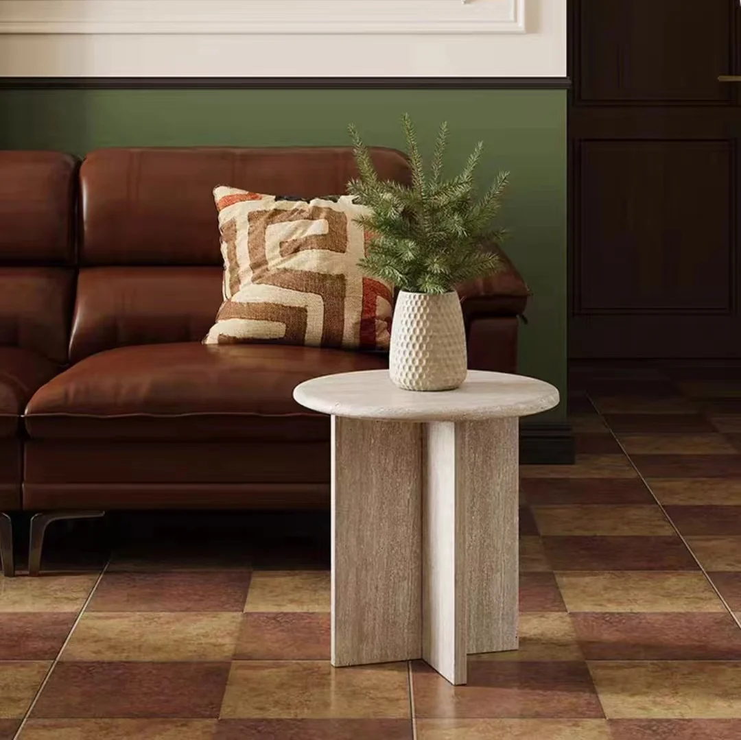 xc Marble Stone Side Table Customized Small Side Coffee Tables Modern Round  Beige Travertine Side Table for Living Room#