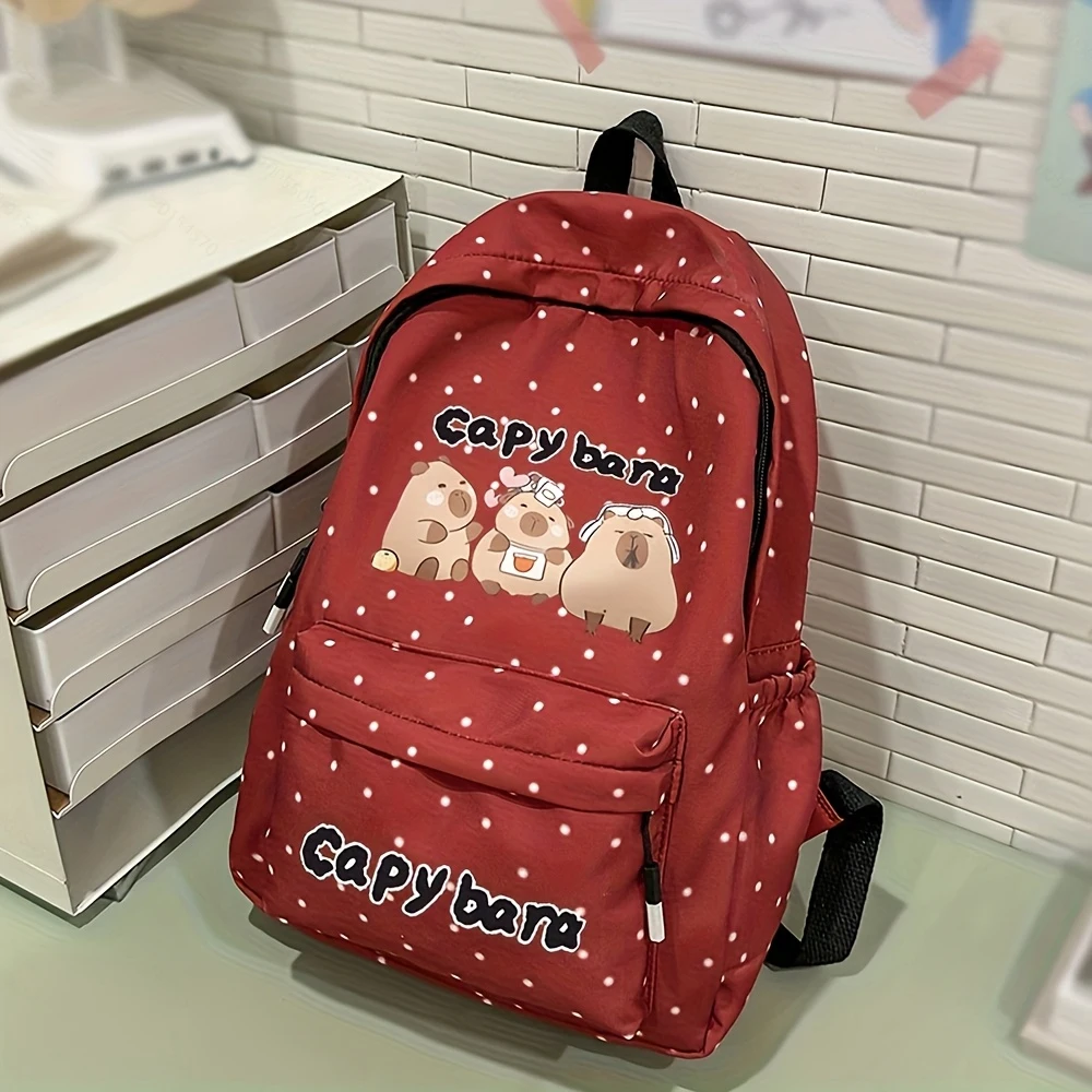 

Cute Capybara Print Polka Dot Backpack, Large Capacity Multi-pocket School Bag for Students, Daily Commute & Travel