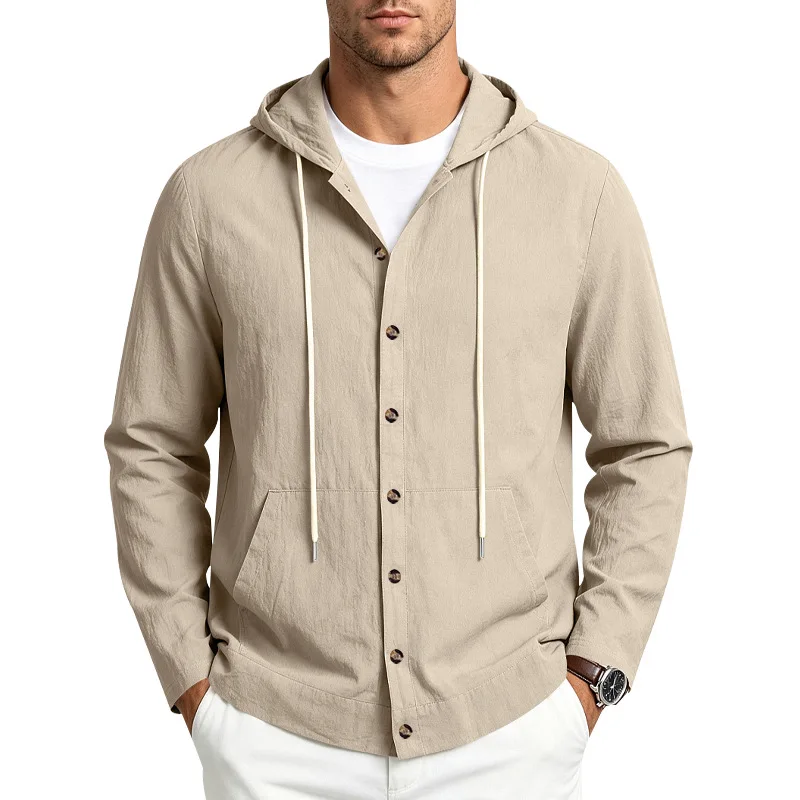 2026 American autumn and winter men's linen hooded long-sleeved shirt, woven solid color drawstring hoodie jacket
