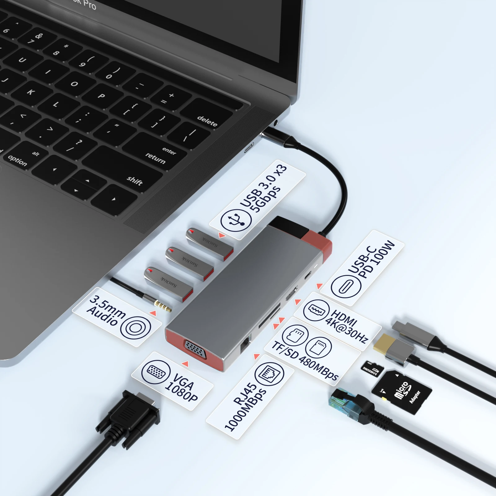 

Концентратор USB C, 10 портов с 4K HDMI-совместимым VGA Type C PD USB3.0 RJ45 Ethernet SD/TF кардридер док-станция