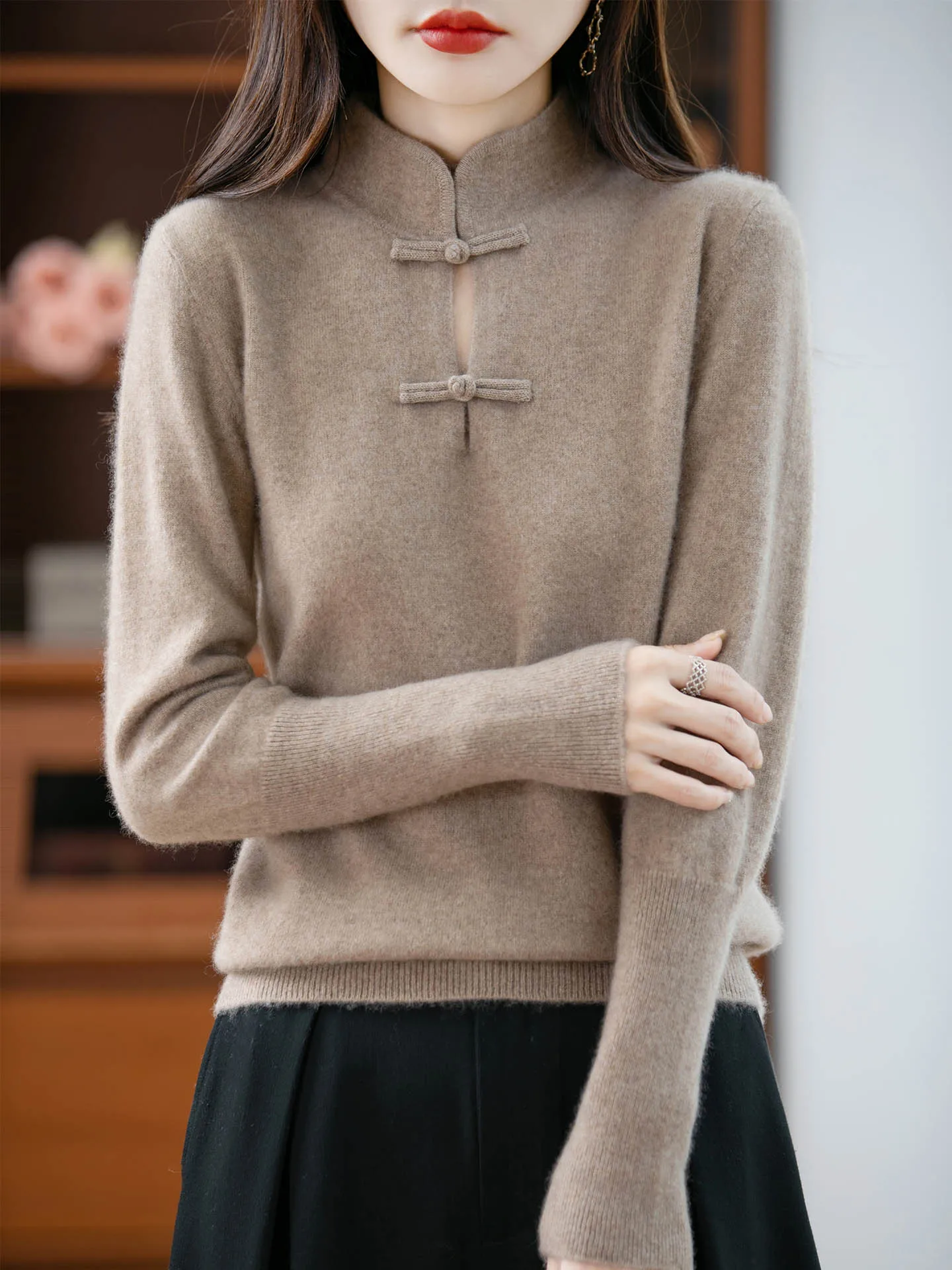 

Мягкий женский топ из 100% мериносовой шерсти, вязаный пуловер с воротником-стойкой в стиле ретро, осенне-зимний кашемировый свитер, однотонная повседневная одежда