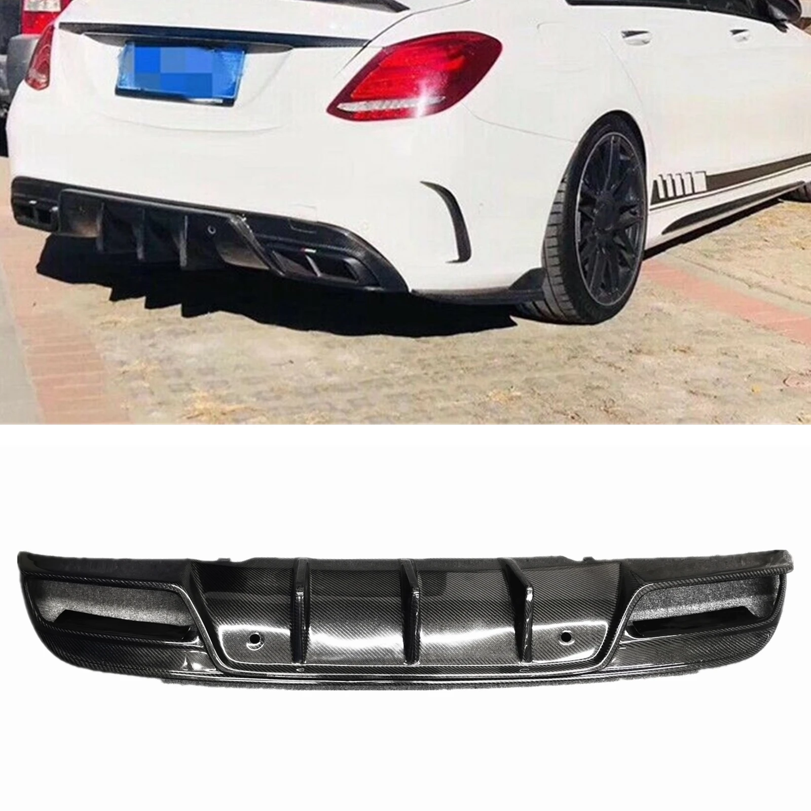 

For Mercedes Benz W205 C Class C250 C300 C43 C63 2015-2019 Sedan 4-Door Only Carbon Fiber Rear Diffuser Bumper Lip Spoiler Kit