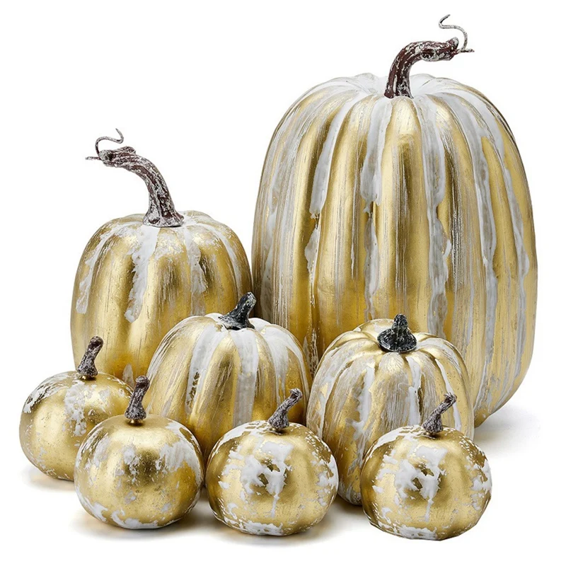 

8PCS Assorted Fall Artificial Pumpkins Gold Brushed White Pumpkins Decorative Pumpkins Foam Pumpkins Gold&White
