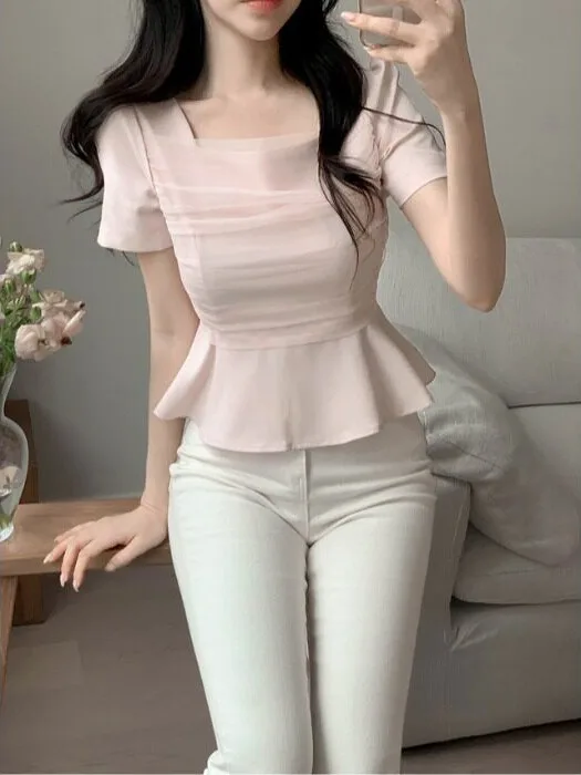 Summer New Style Women's Shirt Bubble Sleeve Waist Cinched Square Collar Mesh Splice Design Fashionable Korean Style Top