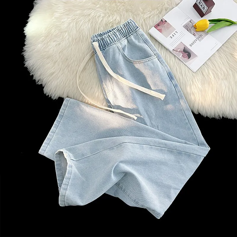 

Trendy Wide Leg Thin Waist Elastic Waisand Dstring Men's Jeans Casual Long Pants Straight Cut Denim for Teenagers