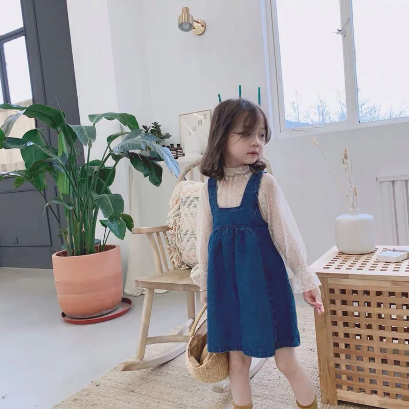 Hnq-Conjunto Doce Infantil, Top de Renda Feminina, Vestido Jeans, Roupa Infantil de Duas Peças, Transporte da Gota, Outono