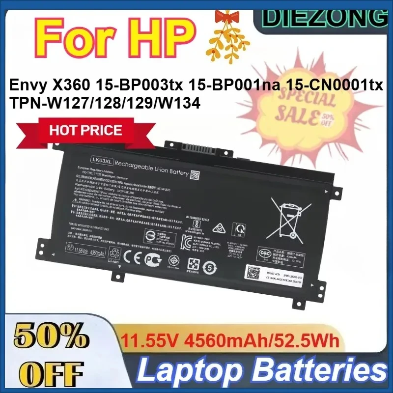 11.55V 4560mAh/52.5Wh LK03XL Battery for HP Envy X360 15-BP003tx 15-BP001na 15-CN0001tx TPN-W127/128/129/W134 Laptop