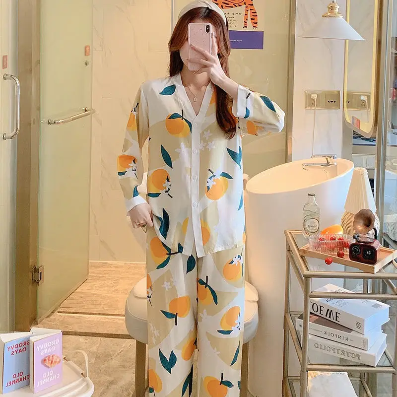 Poplin Sleepwear 2024 Spring Autumn Women Thin Large Size Sweet Homewear Suit Floral Cardigan Girlish Style V-neck Pajamas Set